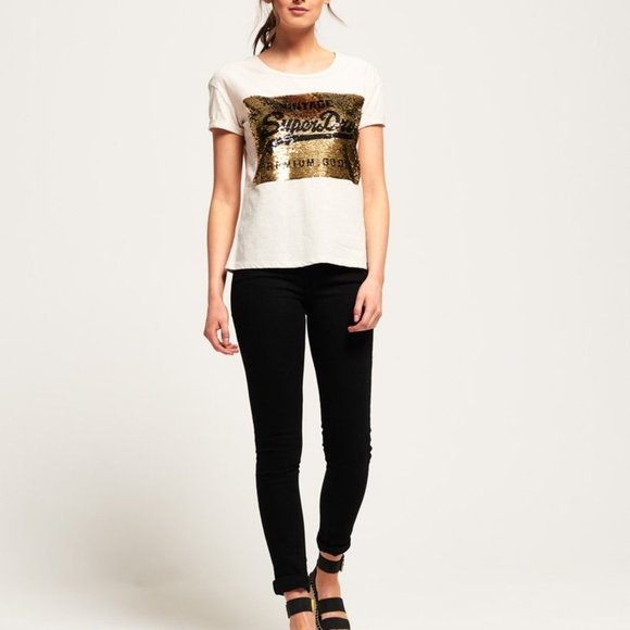 Superdry | SEQUIN SLIM BOYFRIEND T-SHIRT |  Sold out | Off White | Women's 8 | M - Picture 7 of 16